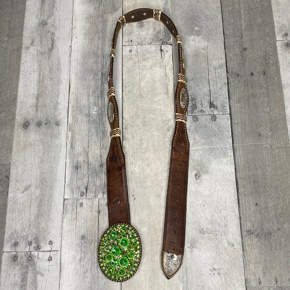 Green Rinestone Y2K Vintage Swarovski Crystal Western Leather Belt Size 36 - Picture 10 of 13